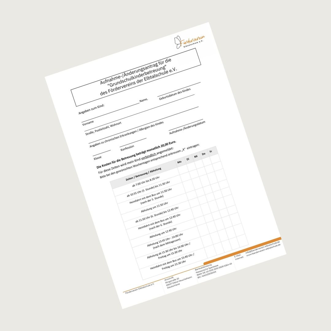 Aufnahmeantrag Änderungsantrag Grundschulkinderbetreuung Förderverein Elbtalschule e.V.